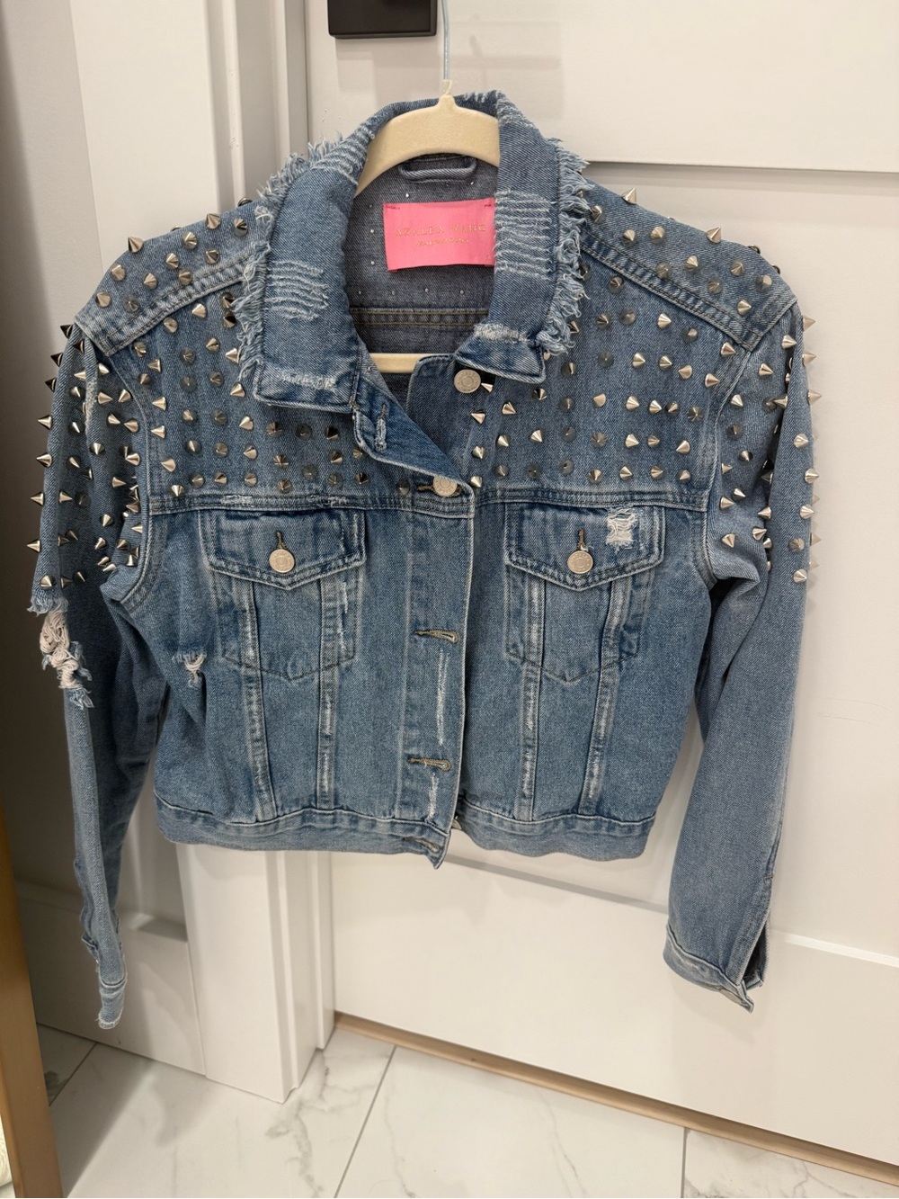 Azalea Wang Light Blue Distressed Studded Denim Jacket